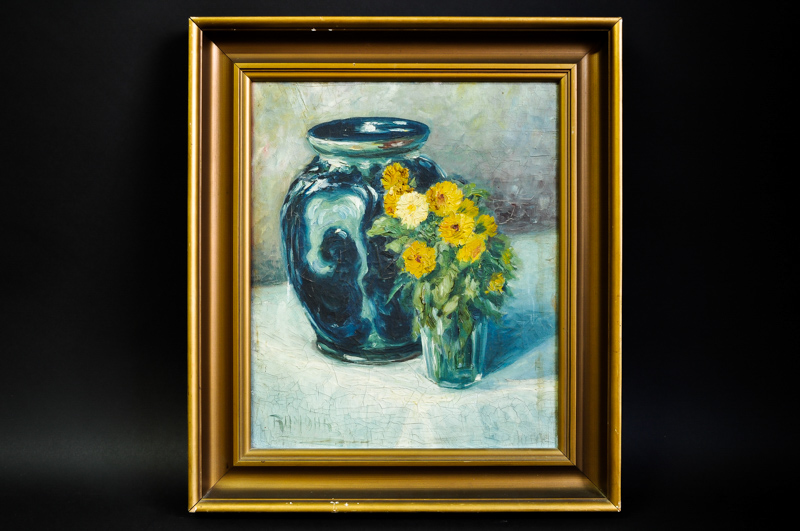 Rumohr? - still life of vase and flowers, oil on canvas, signed indistinctly, 32x38cm