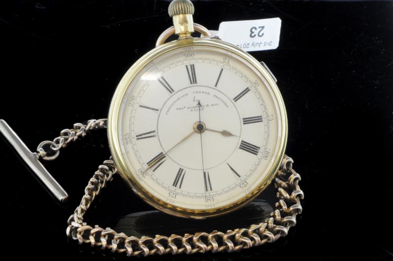 18ct gold Russell & Son chronograph half hunter pocket watch, cream dial, Roman numerals and