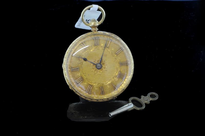 18ct gold engraved open faced pocket watch Roman numerals and gilt dial