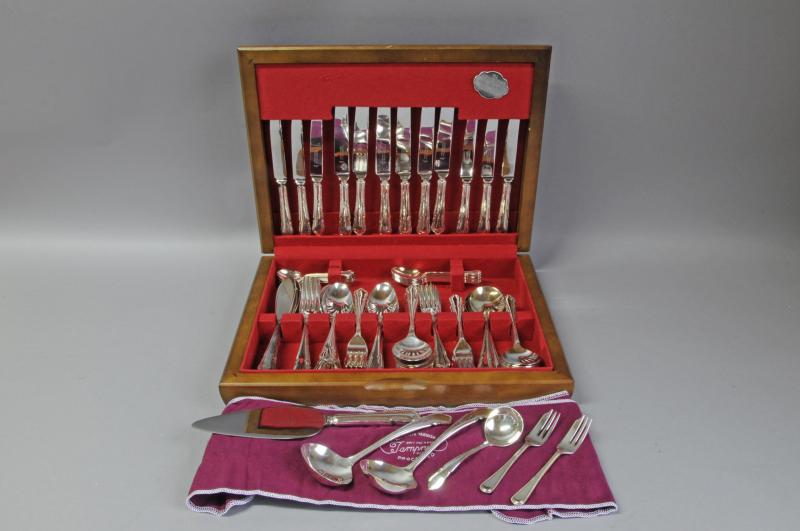 155 pieces of silver plated cutlery, some in wooden case, some in rolls, Arthur Price