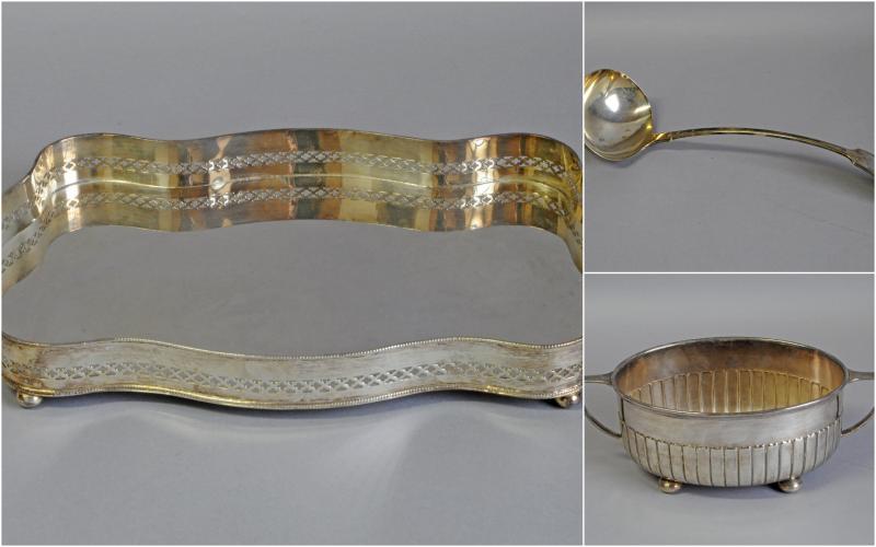 Silver plated soup ladle, circa 1970, by JF & SS, together with a Mappin and Webb princess plate two