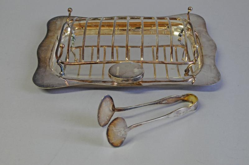 Silver plated asparagus tray, with strainer and tongs, by JC&Co Ltd