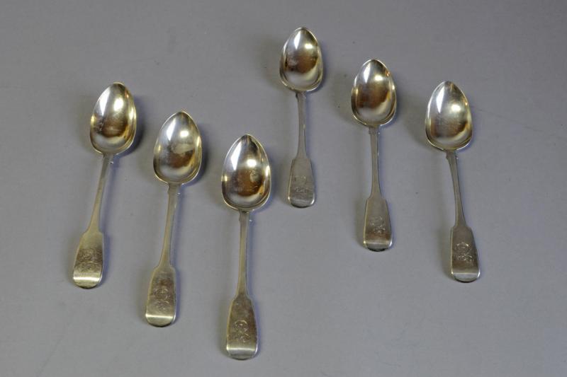 Set of six silver fiddle pattern dessert spoons, stamped IB, believed to be J Buckton, hallmarked