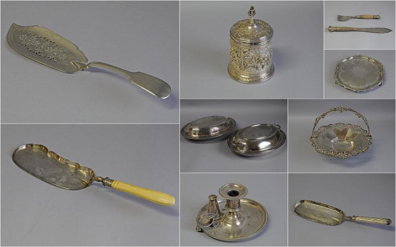 Selection of silver plated items including a fish slice by Roberts & Beck 1896, two crumb scoops