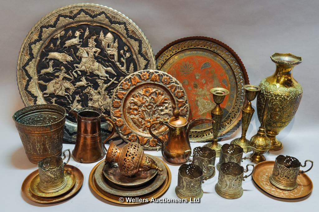 Quantity of copper, brass and metal items, mainly Middle Eastern, Iranian and Indian