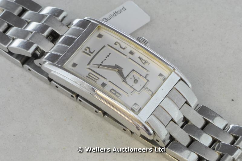 Hamilton stainless steel wristwatch with rectangular face and subsidiary seconds dial