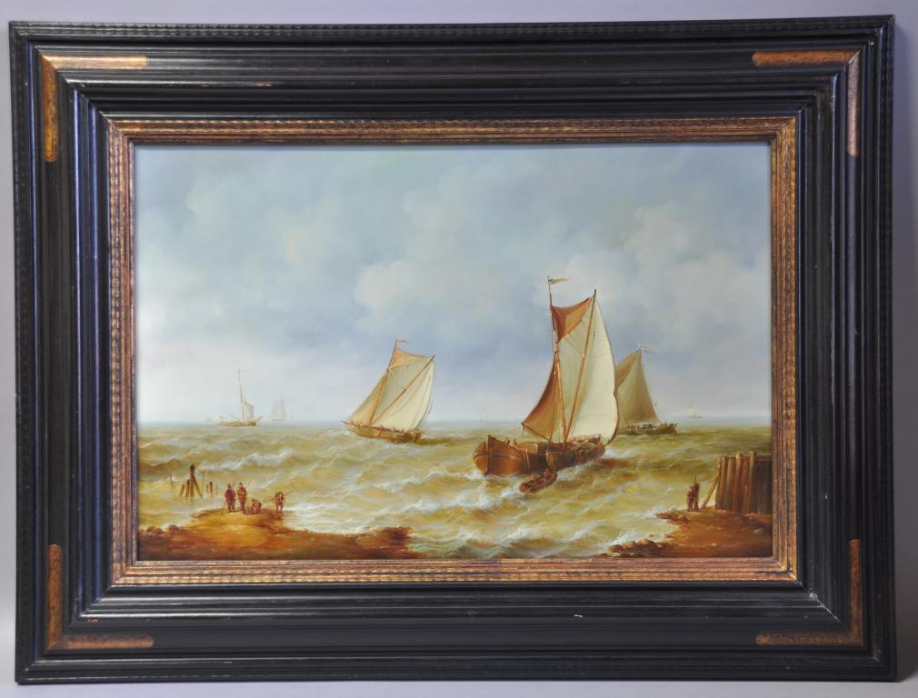 20thC School - marine scene in 17thC style with vessels on a choppy sea watched by fishermen on