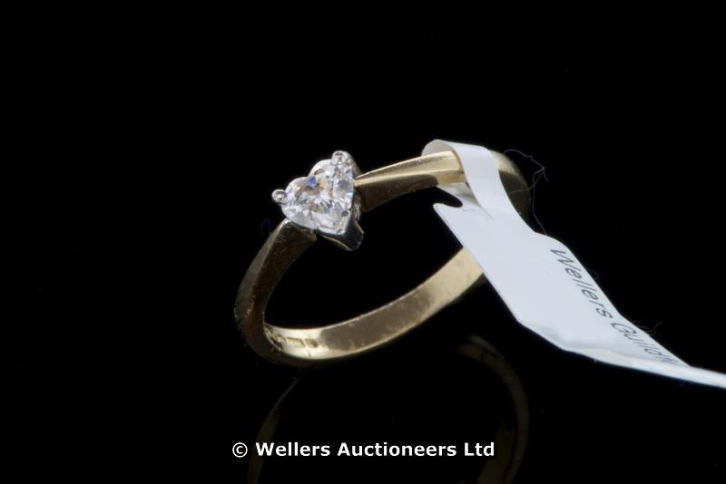 Single stone diamond ring, heart shaped diamond set in 18ct yellow and white gold, ring size L