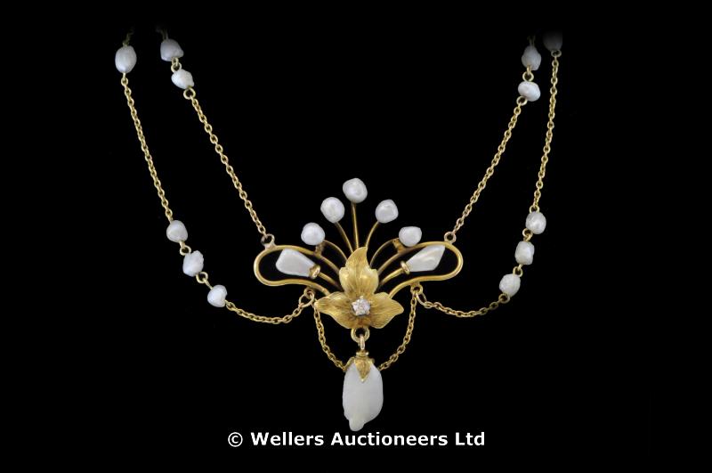 Art Nouveau pearl and diamond necklace, baroque pearl suspended from a yellow metal leaf with an old