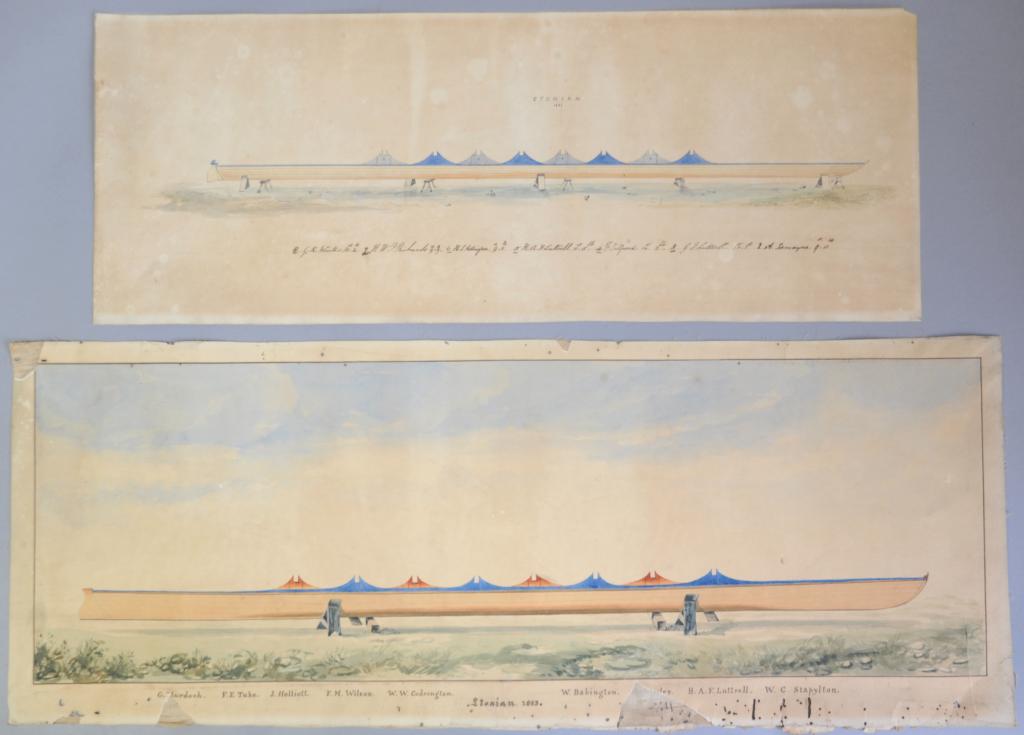 A pair of watercolours, Eton`s first eight racing boats, 1843 and 1845, annotated with rowers`