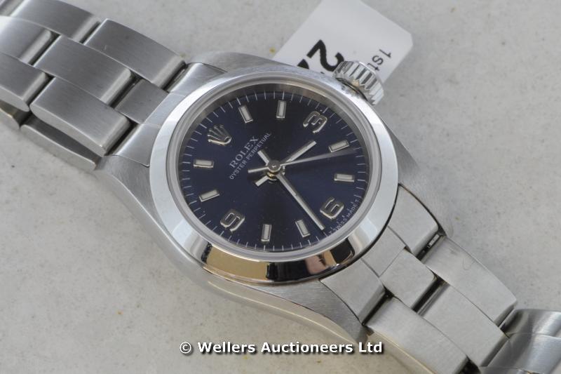 Ladies` Rolex Oyster Perpetual, blue dial with baton and Arabic numeral hour markers, stainless