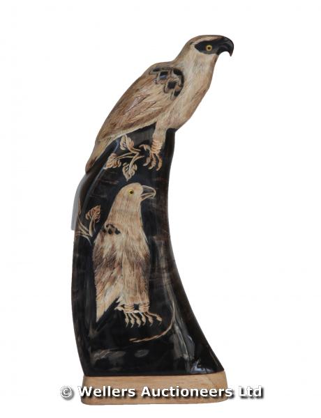 *Single carved buffalo horn of birds of prey, 32cm 12.5" high, 14cm 5.5" wide, 7.5cm 3" deep