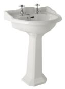 1 x Davenport 2 Tap Hole Sink Basin With Full Pedestal - 59cm Wide - Vogue Bathrooms - Brand New