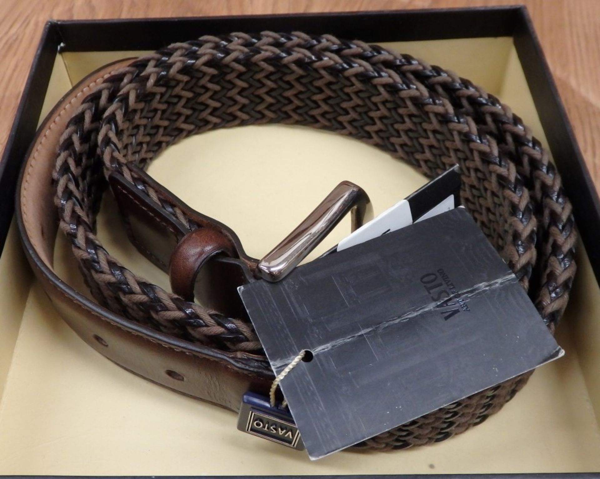 1 x Designer Luxury Mens Brown Leather & Fabric Belt/Gold Buckle - Size 38 - Brand New & Boxed -