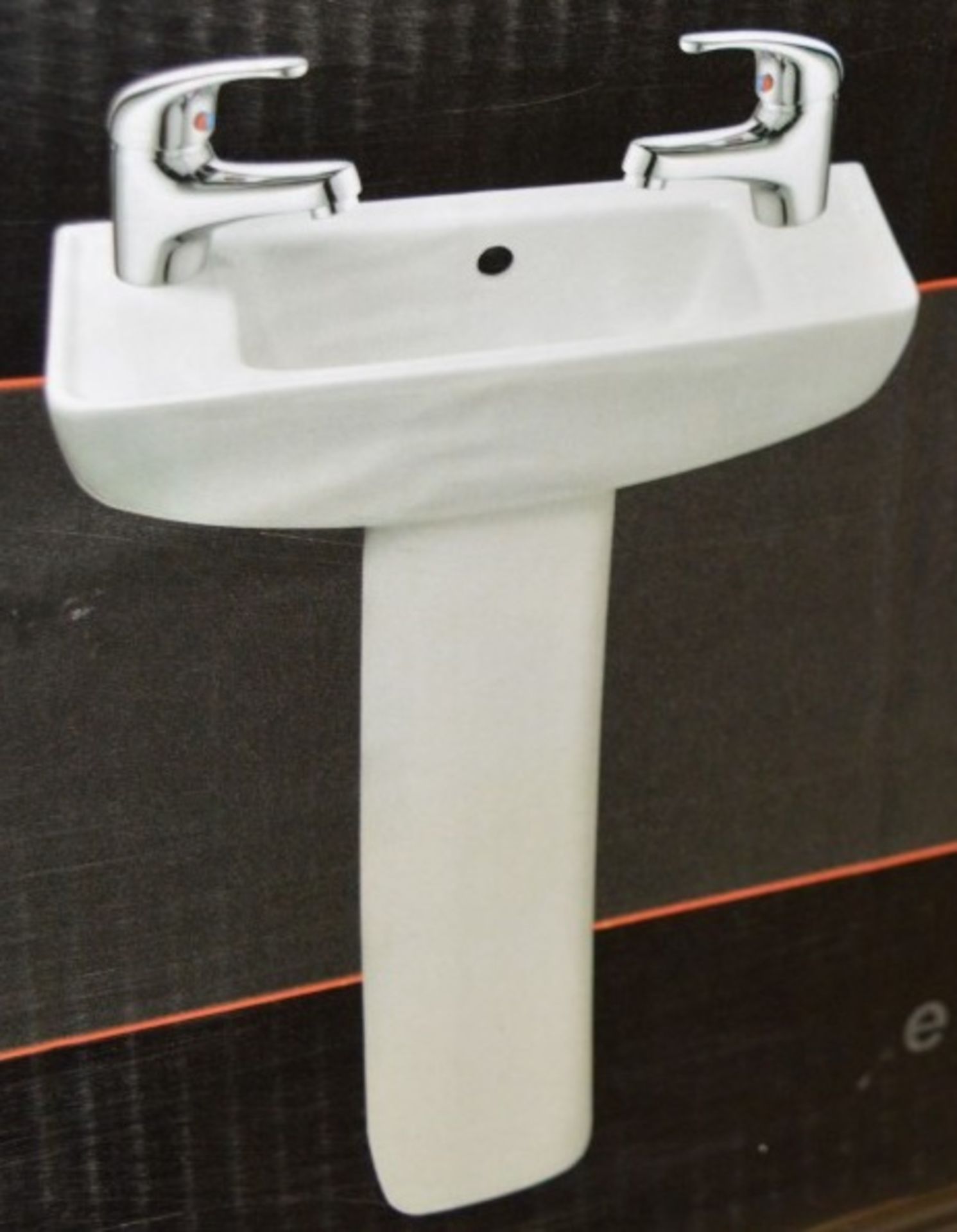 1 x Xpress Spectrum Short Projection 2 Tap Hole Cloakroom Sink Basin With Pedestal - 250mm Short - Image 4 of 4