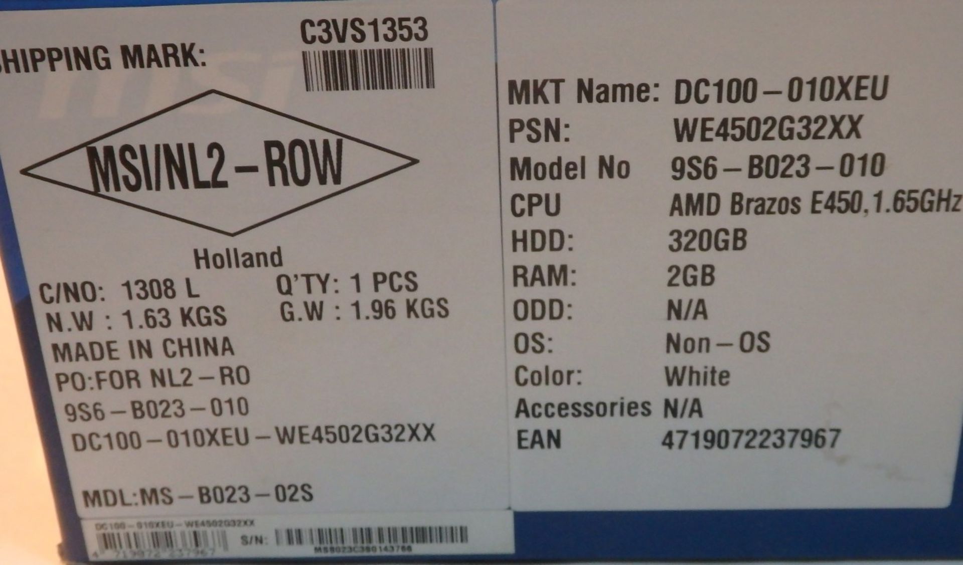 1 x MSI Wind Box DC100 Mini PC Computer – Model : MS-B023 - AMD Brazos Dual Core E-450 (1.65GHz) - - Image 9 of 10