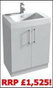 5 x Xpress White 600mm Two Door Vanity Cabinets With Heavy Resin Composite Sink Basins -