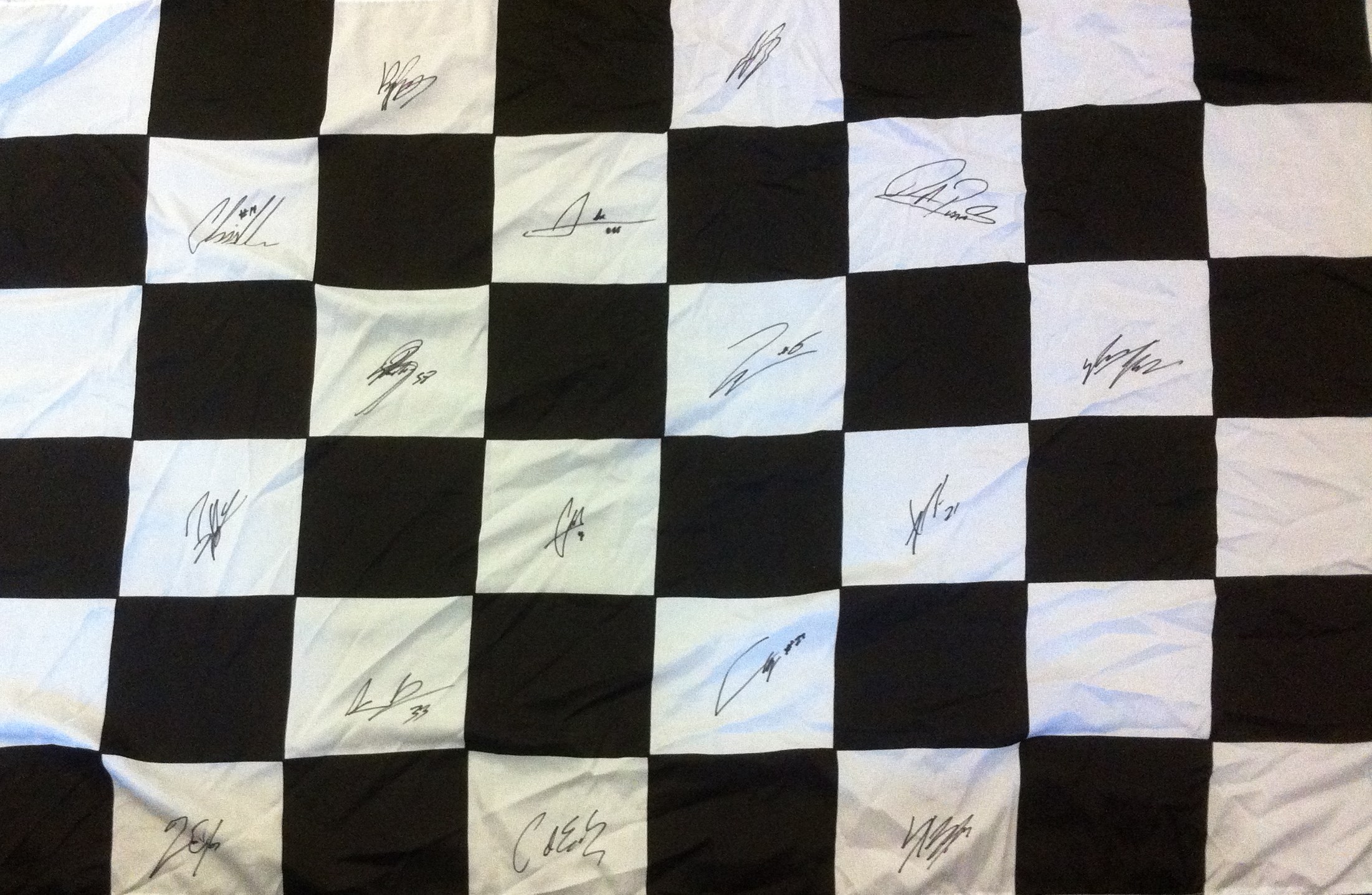 MOTORCYCLE RACING: A 59 x 34 black and white chequered flag individually signed by sixteen Moto GP