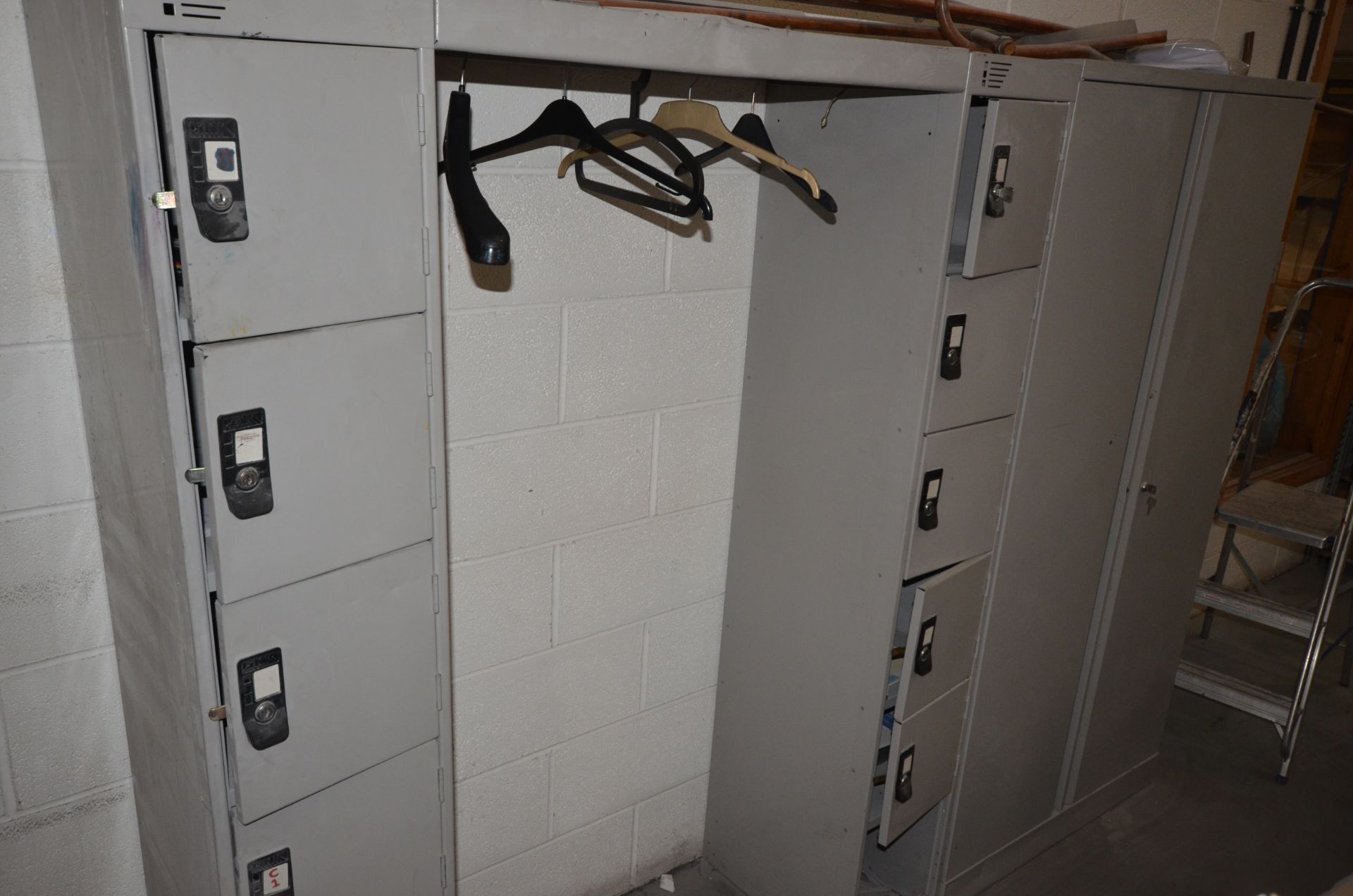 2 x 6 door lockers - some with keys and matching grey stationery cabinet