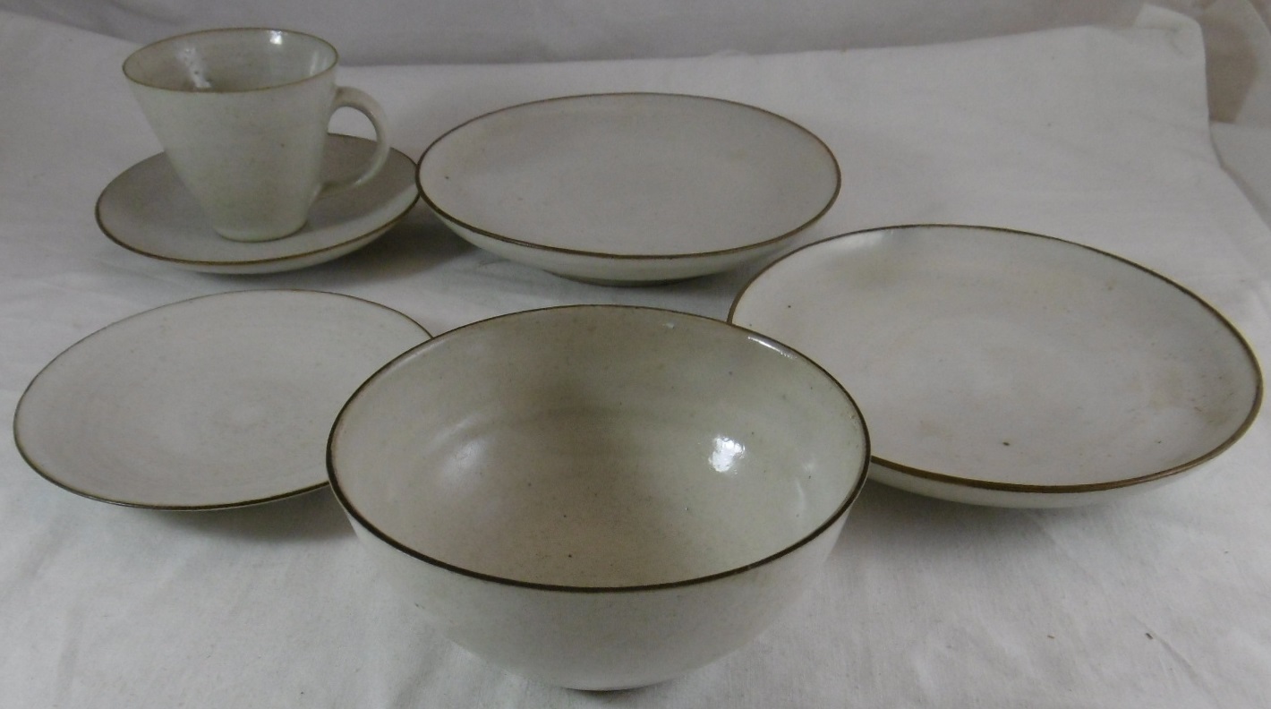 Hans Coper & Lucy Rie stoneware 2 plates, bowl, 1 cup & 2 saucers in shiny white glaze with