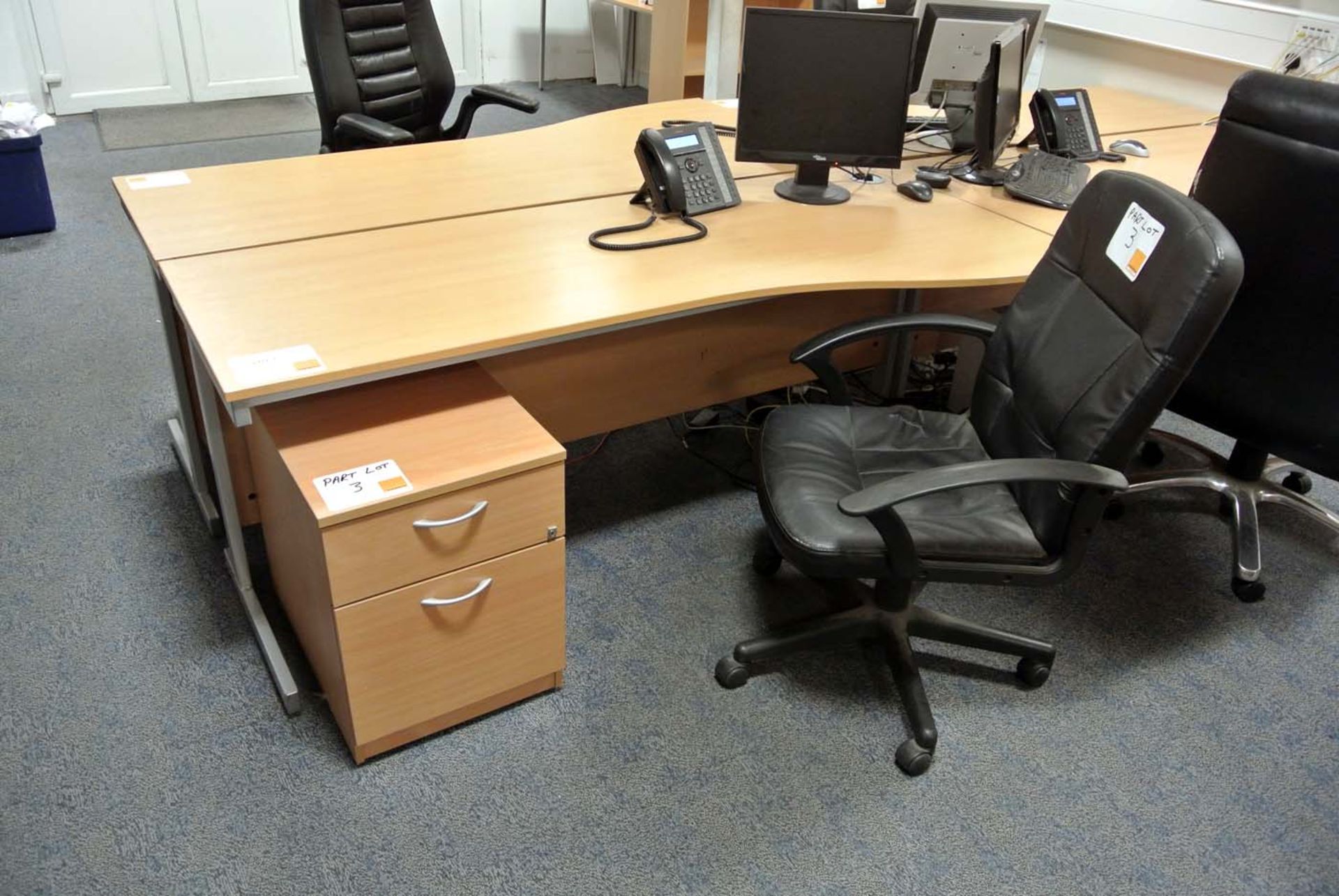Light Oak Shaped workstation, 1800mm wide with Drawer Pedestal 
and Black Leather effect arm chair