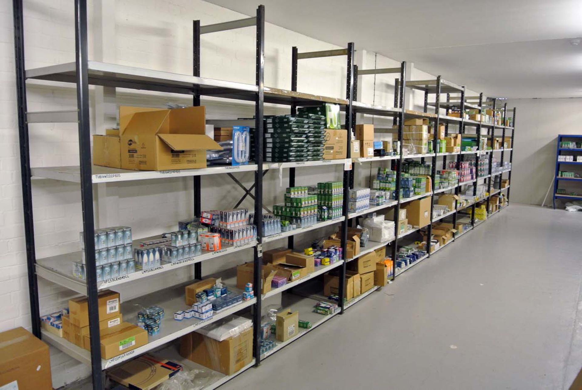 9 bays of stores shelving 2,400mm tall with 4 shelves 1,240mm by 600mm