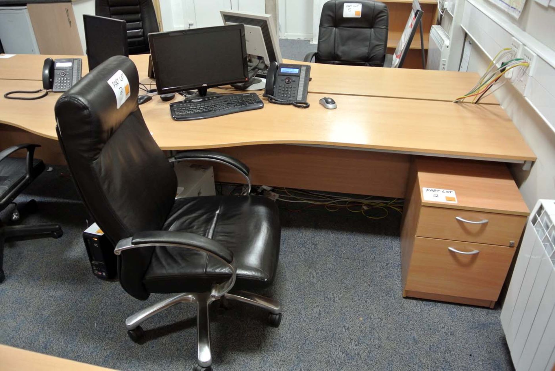 Light Oak Shaped workstation, 1,800mm wide with Drawer Pedestal 
and Black Leather effect arm chair