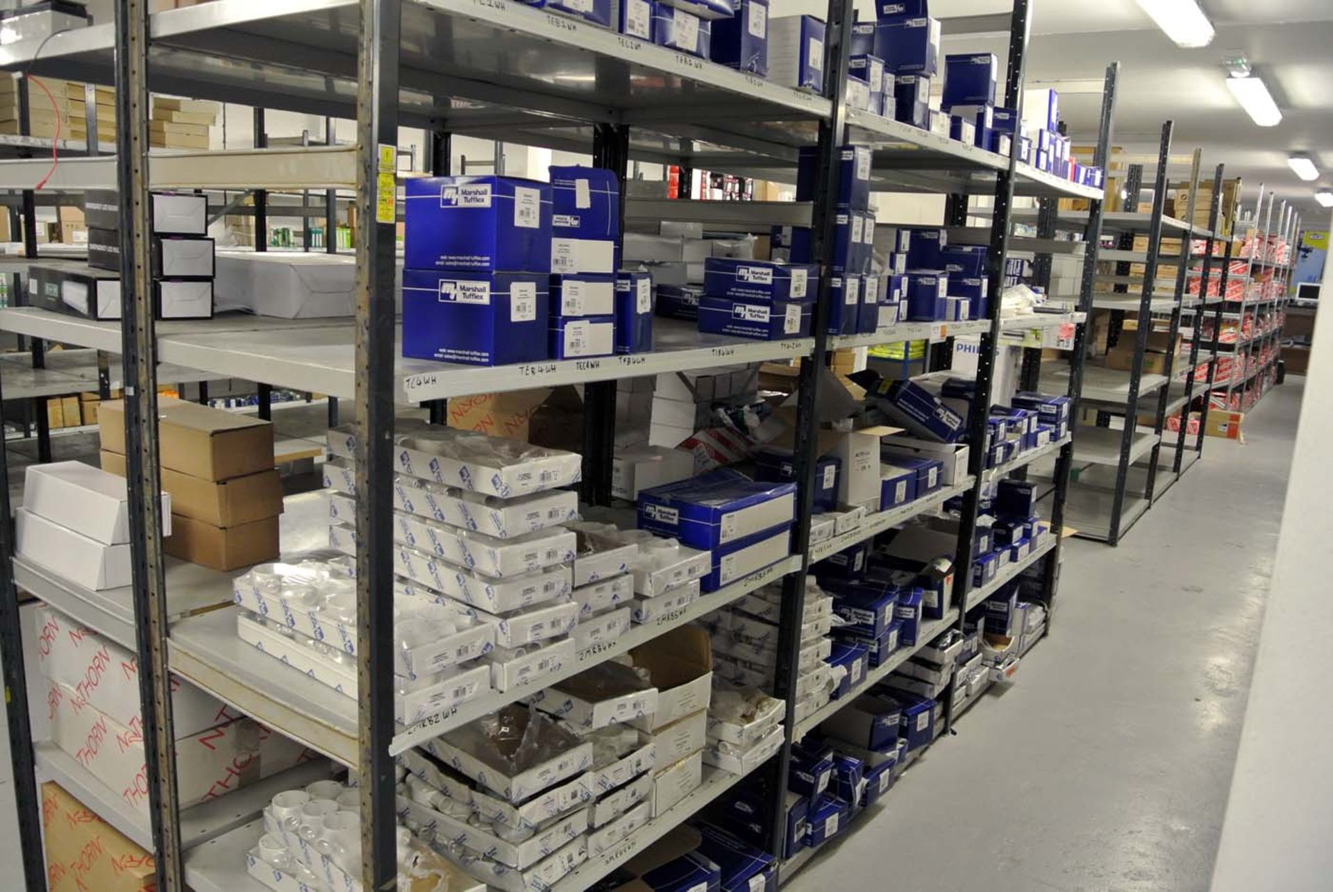 6 bays of stores shelving 2,400mm tall with 4 shelves 1,240mm by 600mm