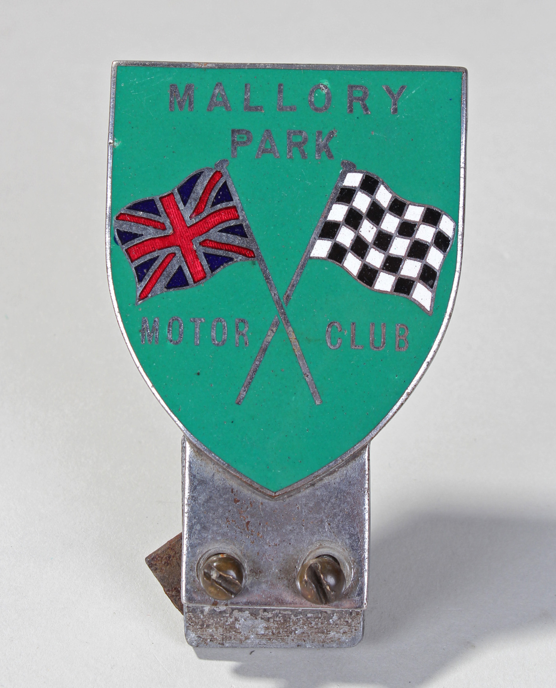 Mallory Park Motor Club, enamel car mascot badge, with union and checkered flag, 6.3cm wide