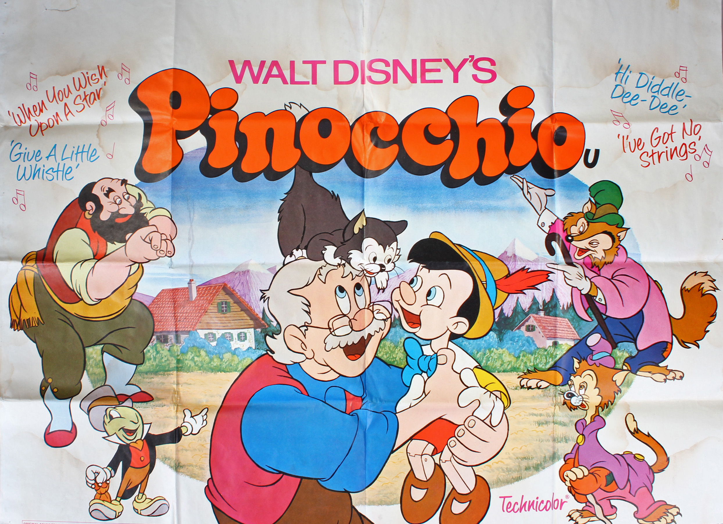 Original `Pinocchio` film poster, Walt Disney Productions 1978, printed in England by W.E. Berry