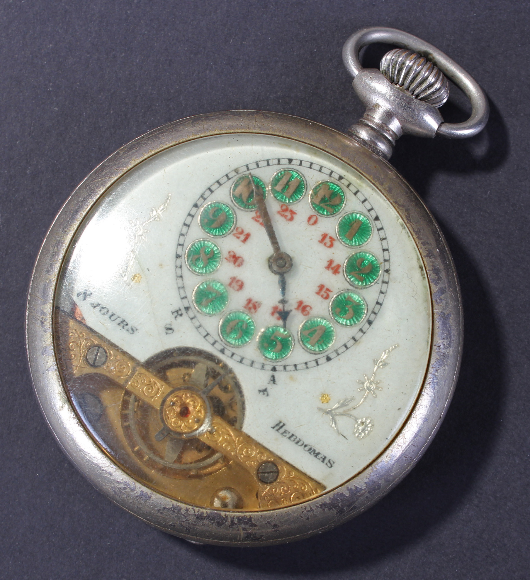 Hebdomas open face gentleman`s pocket watch, the white enamel face having reduced dial with green