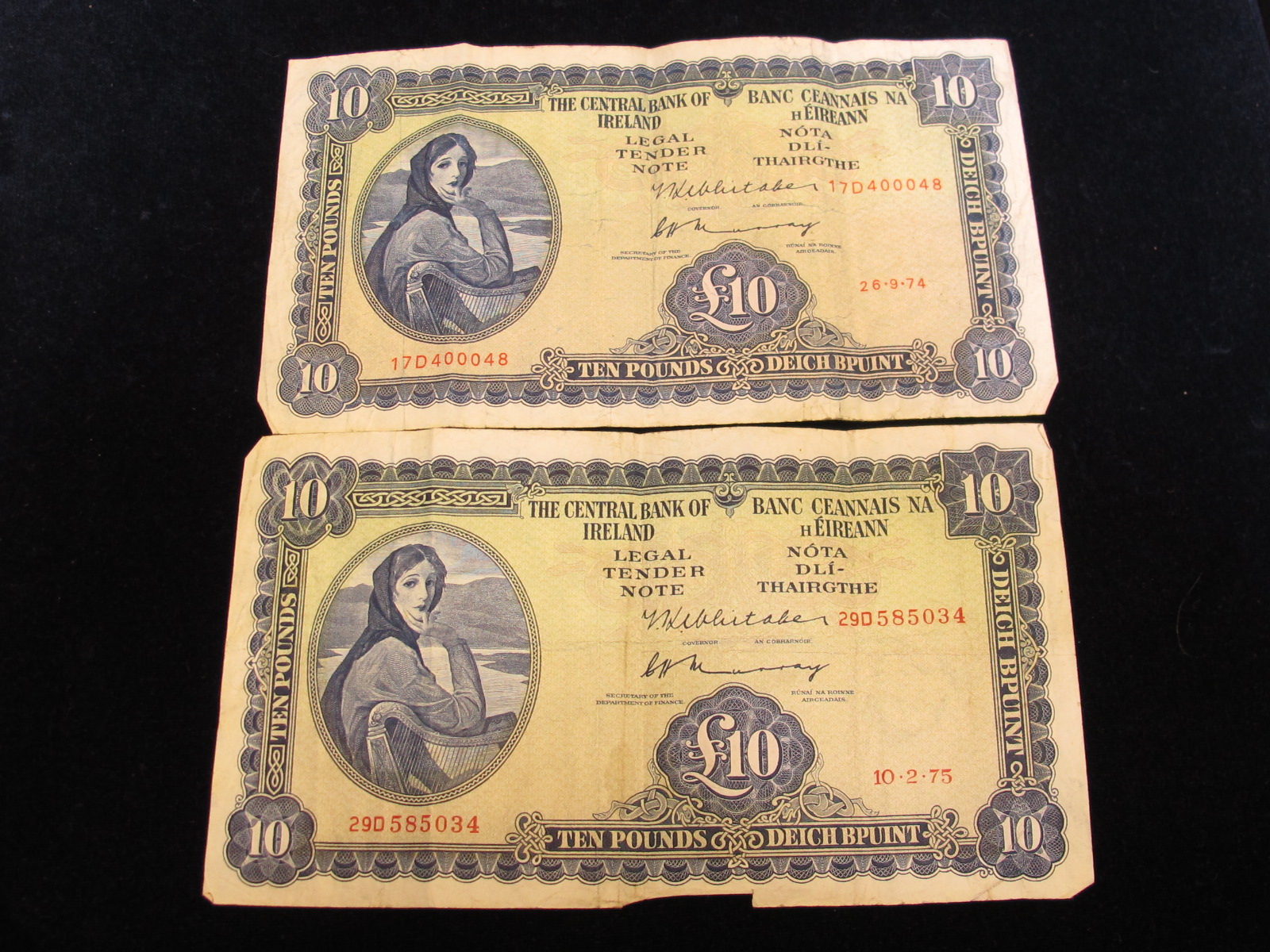 Ireland, Central Bank of. £10s (2) 26/9/1974 & 10/2/1975. from circulation