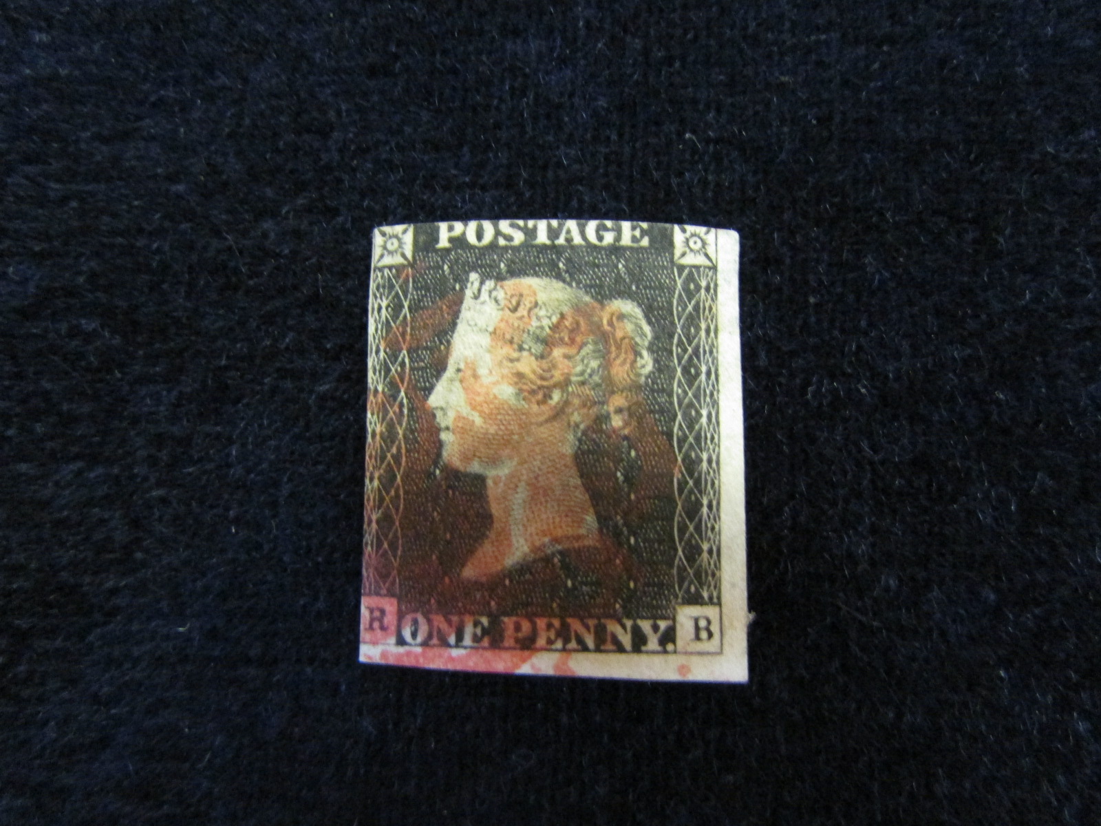 GB 1840 1d Penny Black (R-B) identified as Plate 3, 2 huge margins but design very slightly shaved