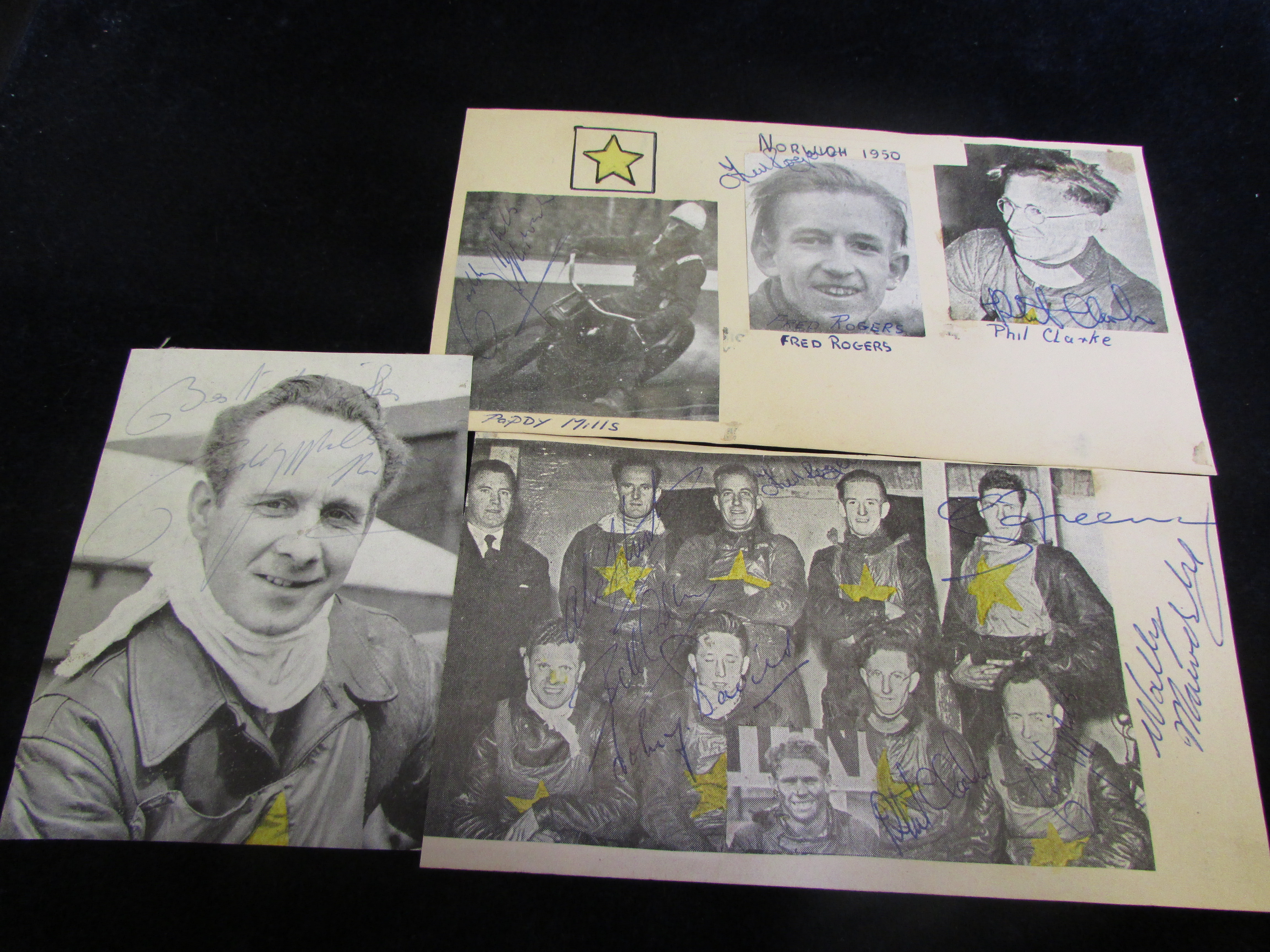 Speedway Autographs: Local club 1950 Norwich Stars, 2 pages and a photograph clipping signed by 8,