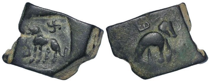Ancient India, Taxila bronze 1½ Karshapana c.185-168 BC., Lion with swastika above / Elephant with