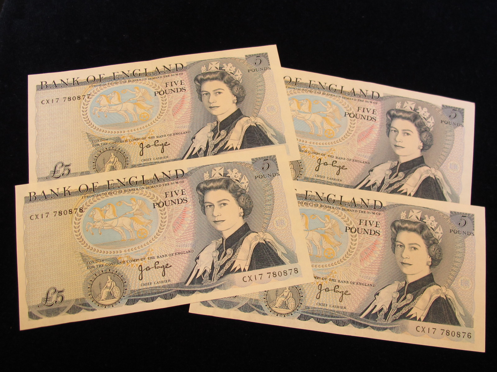 Page £5s (4) All B336 ""CX17"" EF consecutive numbers