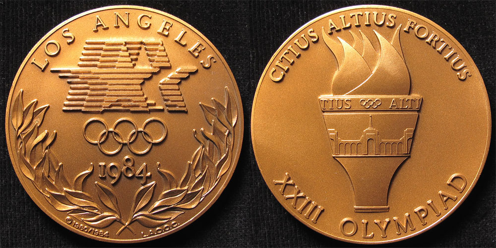 Olympic Participation Medal for Los Angeles 1984, bronze d.60mm, designed by Dugald Stermer, UNC