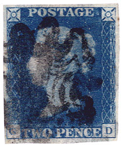 GB - 1840 Two Pence Blue Plate 2 (G-D) four good margins, smudgy MX, no thins or creases, Good Used