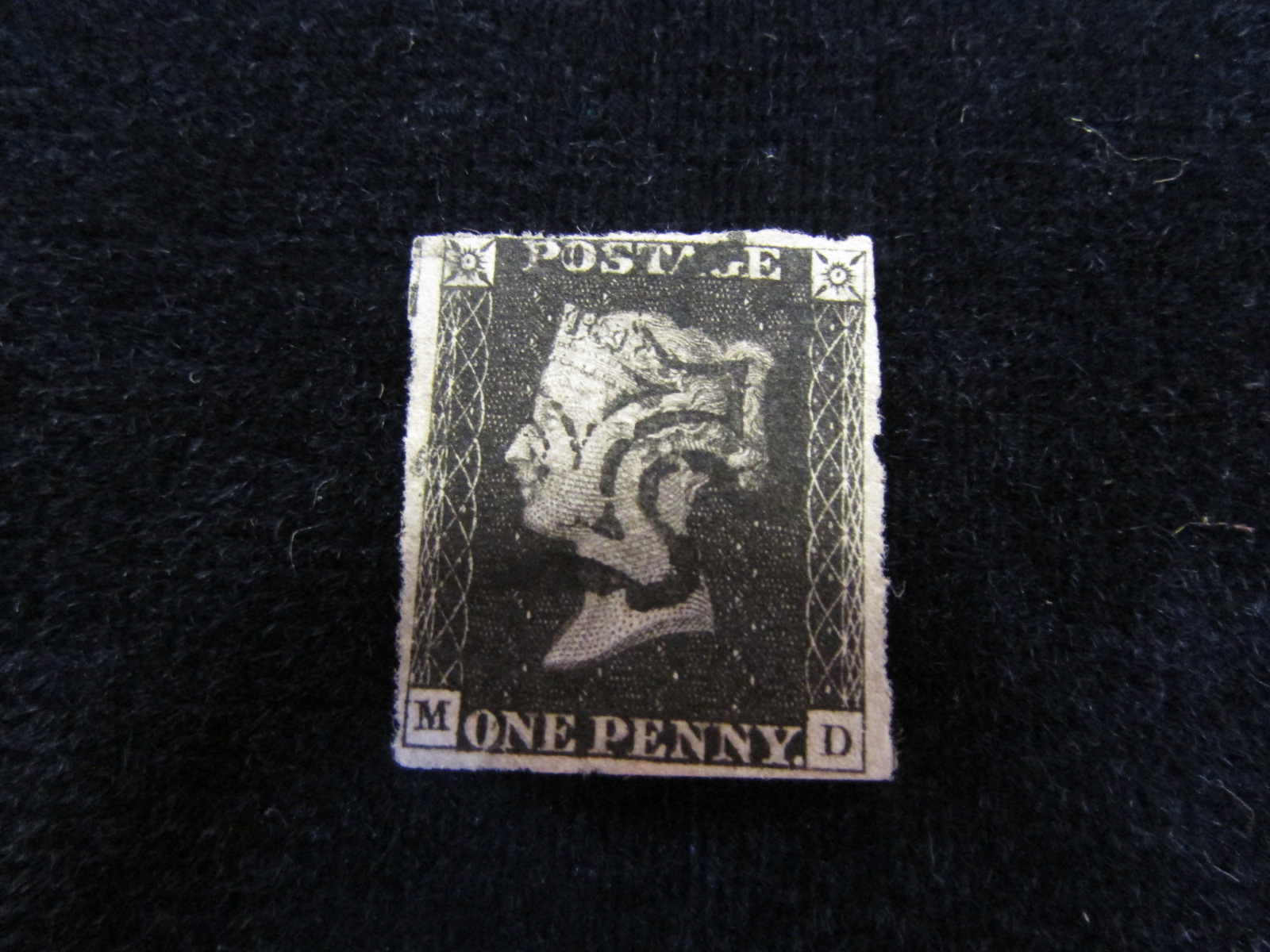 GB 1840 1d Penny Black (M-D) identified as Plate 8, almost 4 margins but close at upper-left, black
