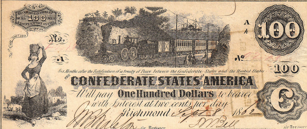 USA, Confederate States of America $100. 8/9/1862 P43b aEF