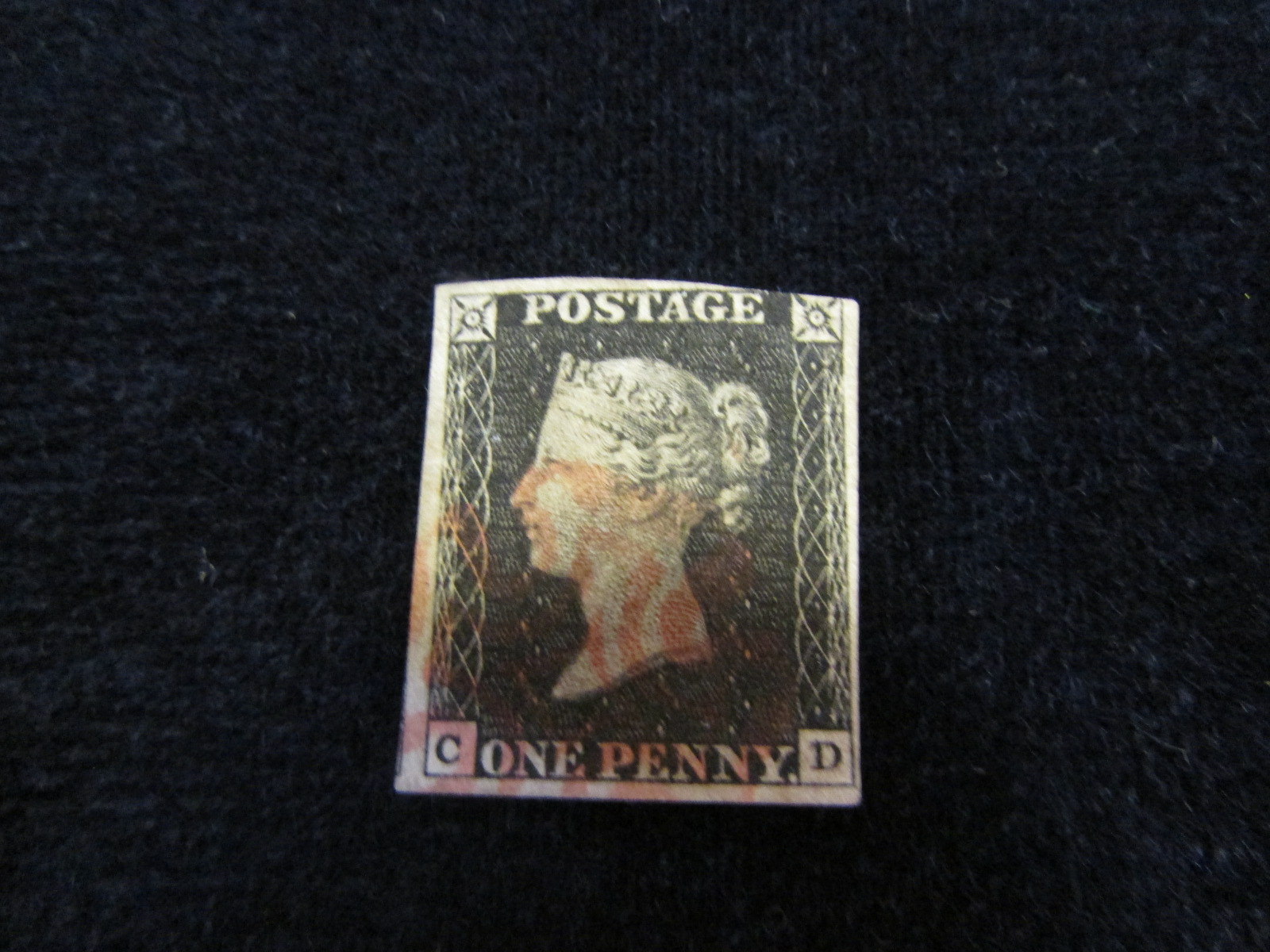 GB 1840 1d Penny Black (C-D) identified as Plate 6, 3½ good margins but cut into design at upper-