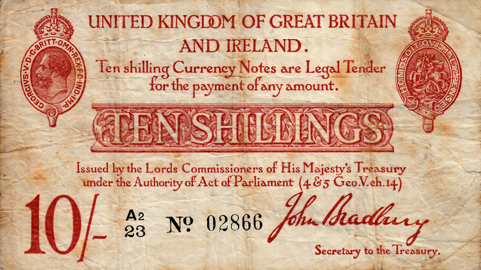 Bradbury Ten Shillings T12. Type 3 ""A2 23"" Fine or better with a few pinholes and small tear