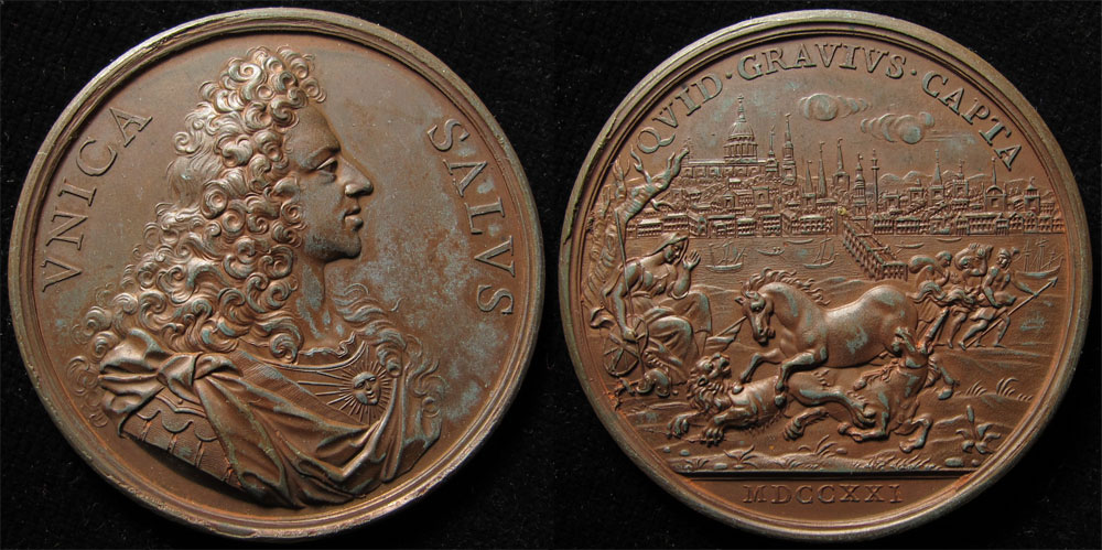 British Commemorative Medallion, bronze d.50mm: Prince James (III), `The Only Safeguard` 1721 by O.