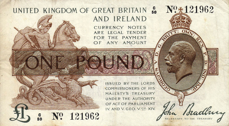 Bradbury One Pound T16 ""G50"" aVF with a couple of brown marks