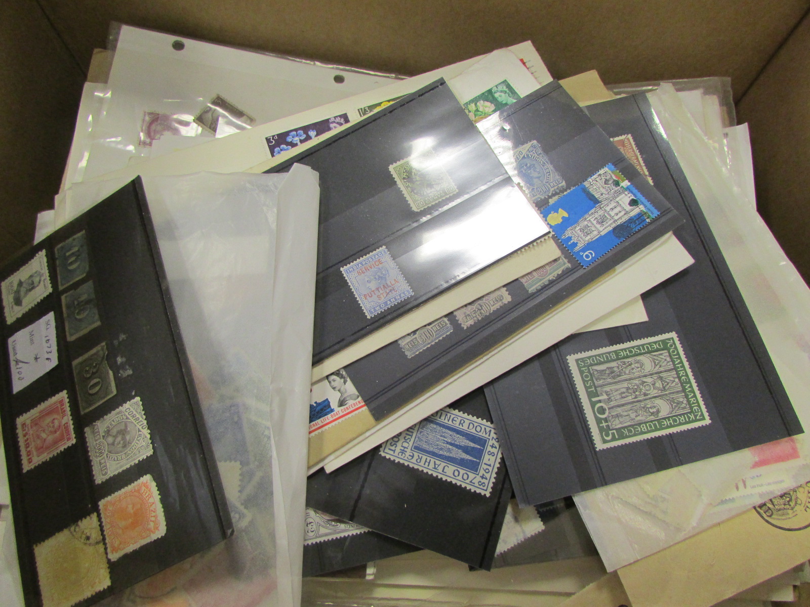 Box of World material, mainly on leaves and cards, some better noted, plus Covers (qty) Buyer