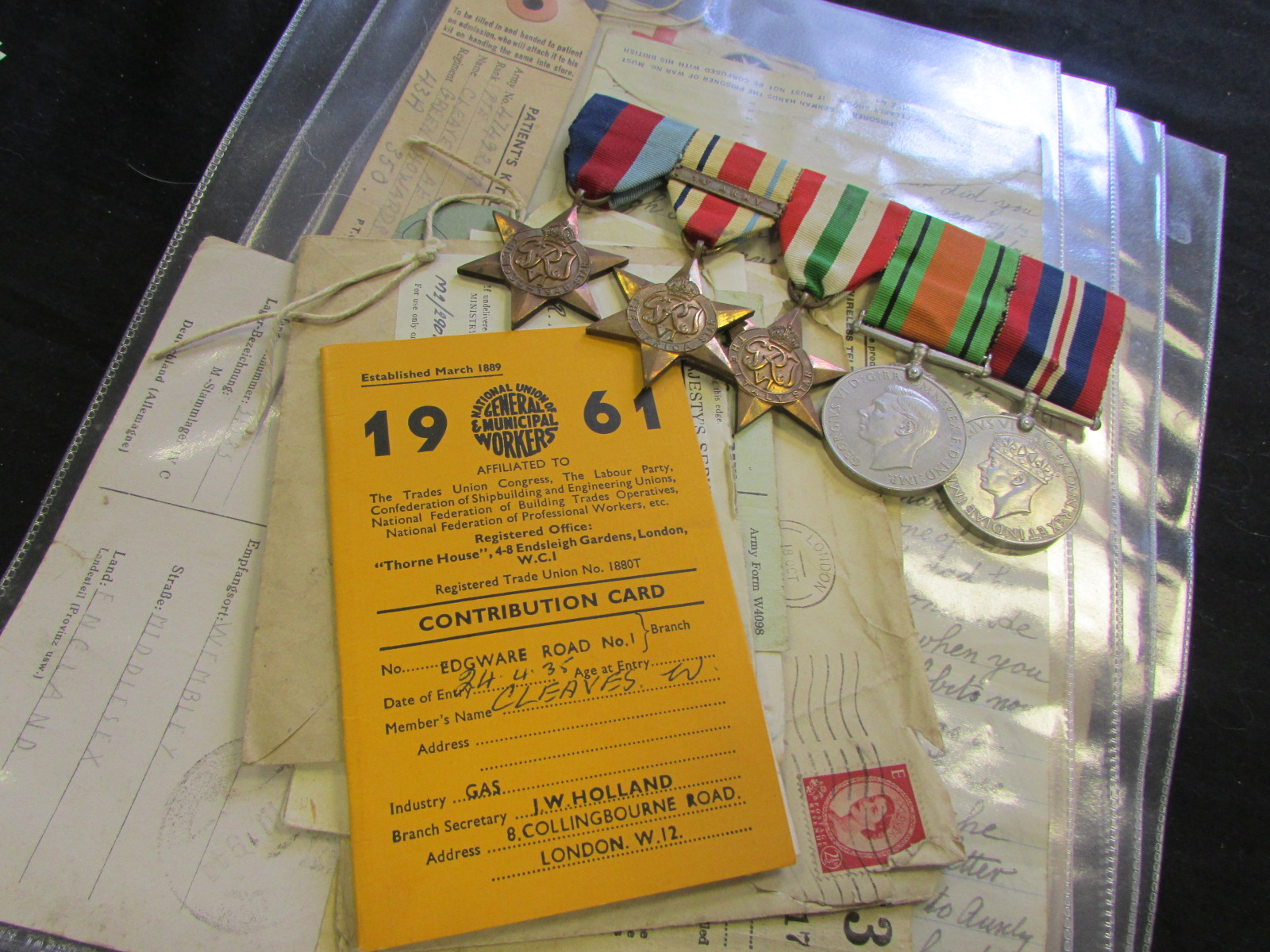 WW2 POW medals documents ect to 4749252 Pte A E Cleave Green Howards consisting of 1939-45 Star,