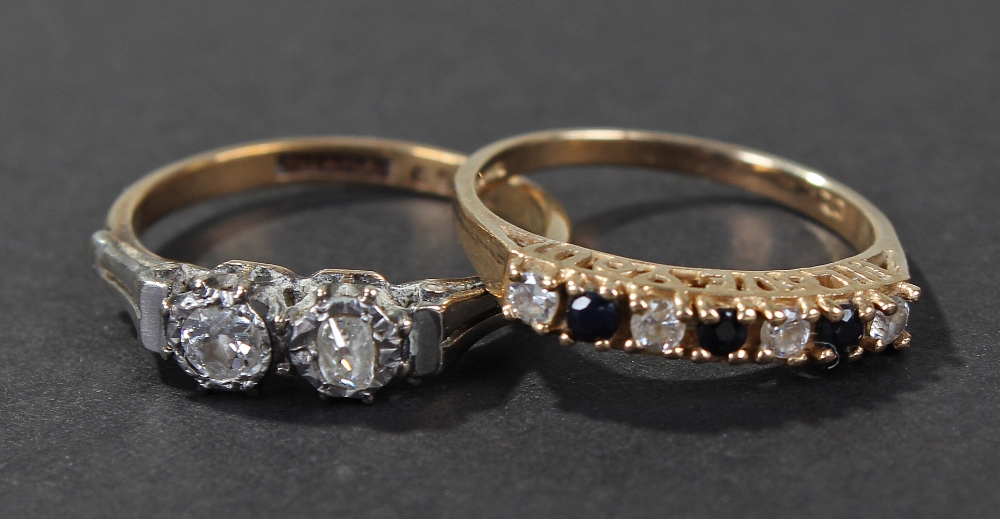 9 carat gold, platinum and diamond set ring, the head set with two diamonds, together with, one