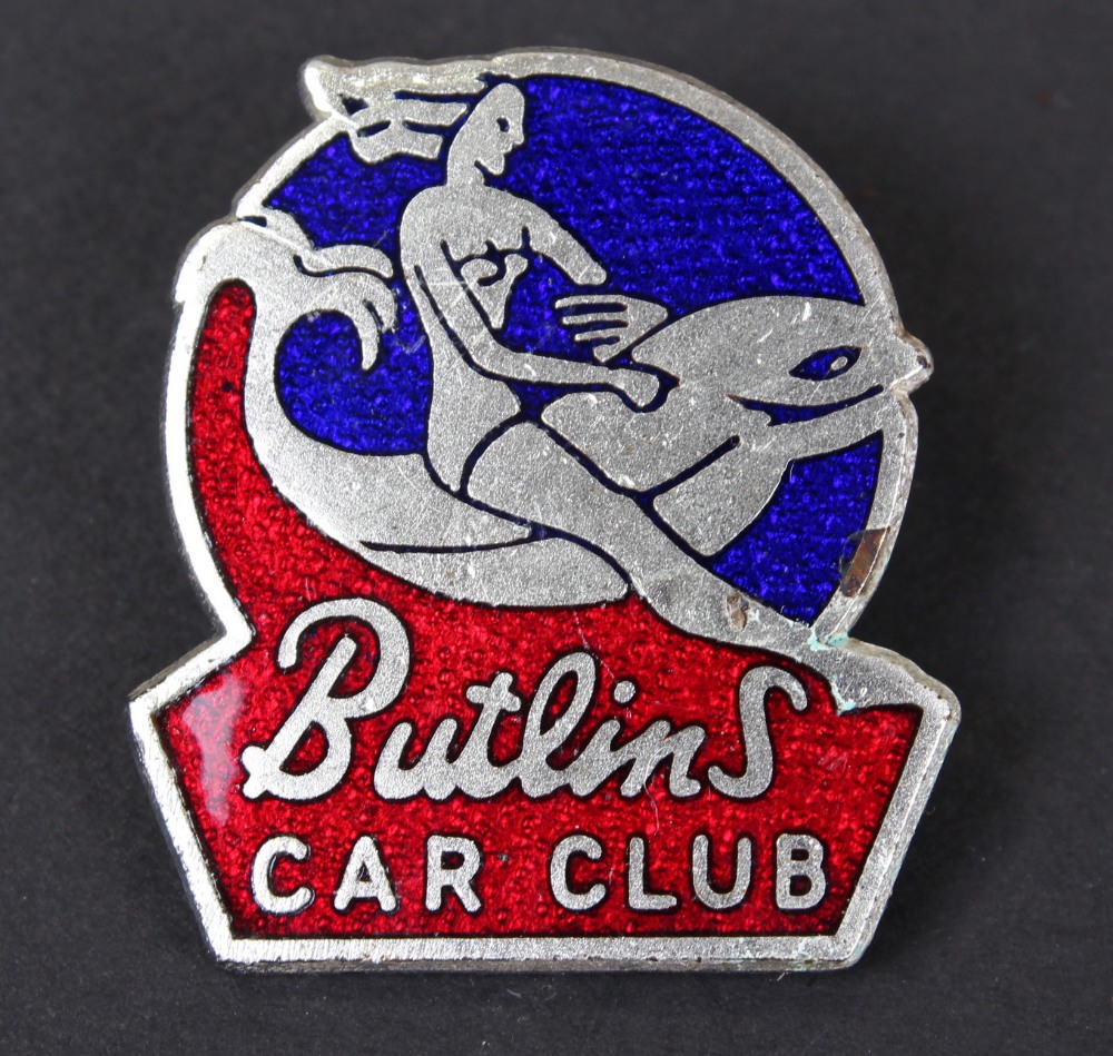 Butlins Car Club badge, depicting a girl riding a dolphin, 28mm high