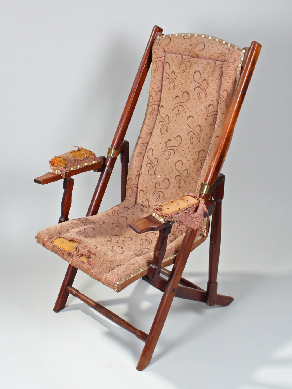 Victorian mahogany folding campaign chair, with original fabric seat and armrests, 108cm high