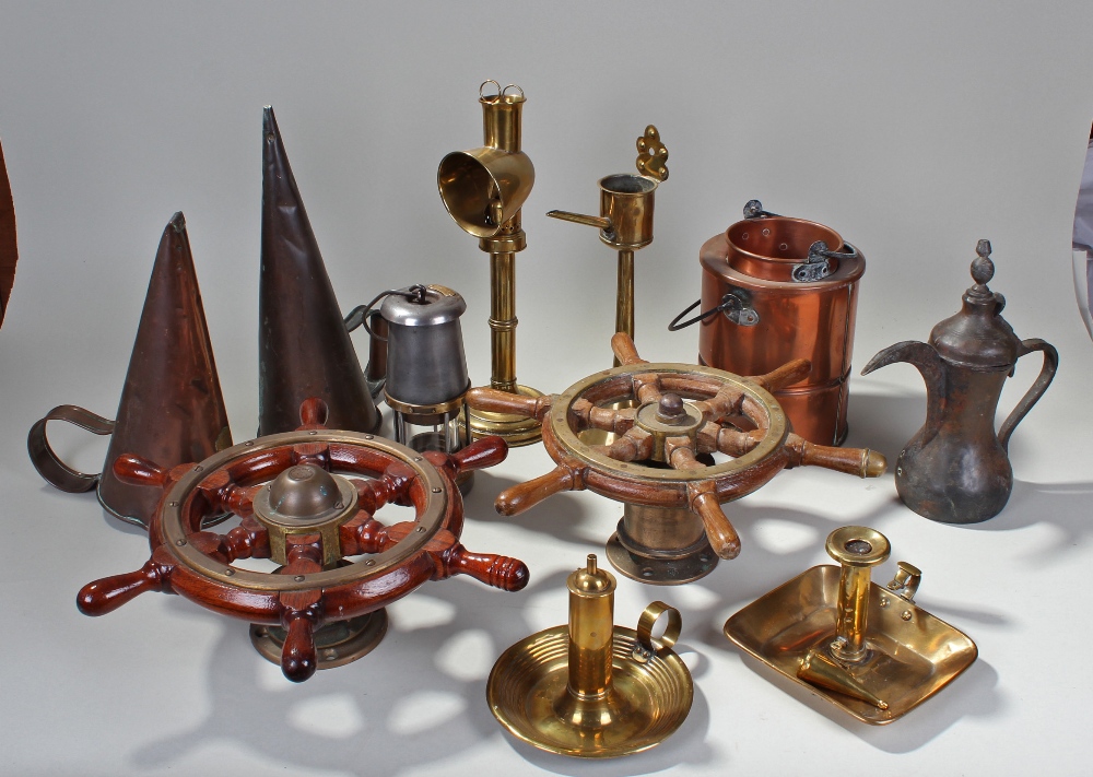 Mixed works of art, to include two ships wheels, various 19th Century and later candle lights,